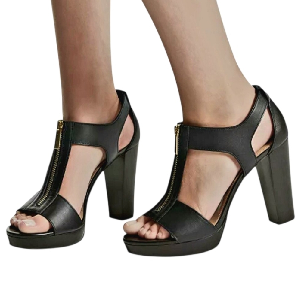 Michael Kors Berkley Lock Black Leather Platform Sandal Heels with Box - Picture 4 of 15